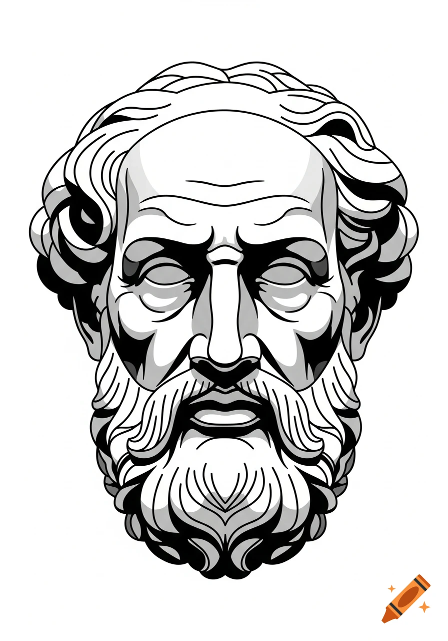 Black and white line art illustration of a classical philosopher's bearded statue head.
