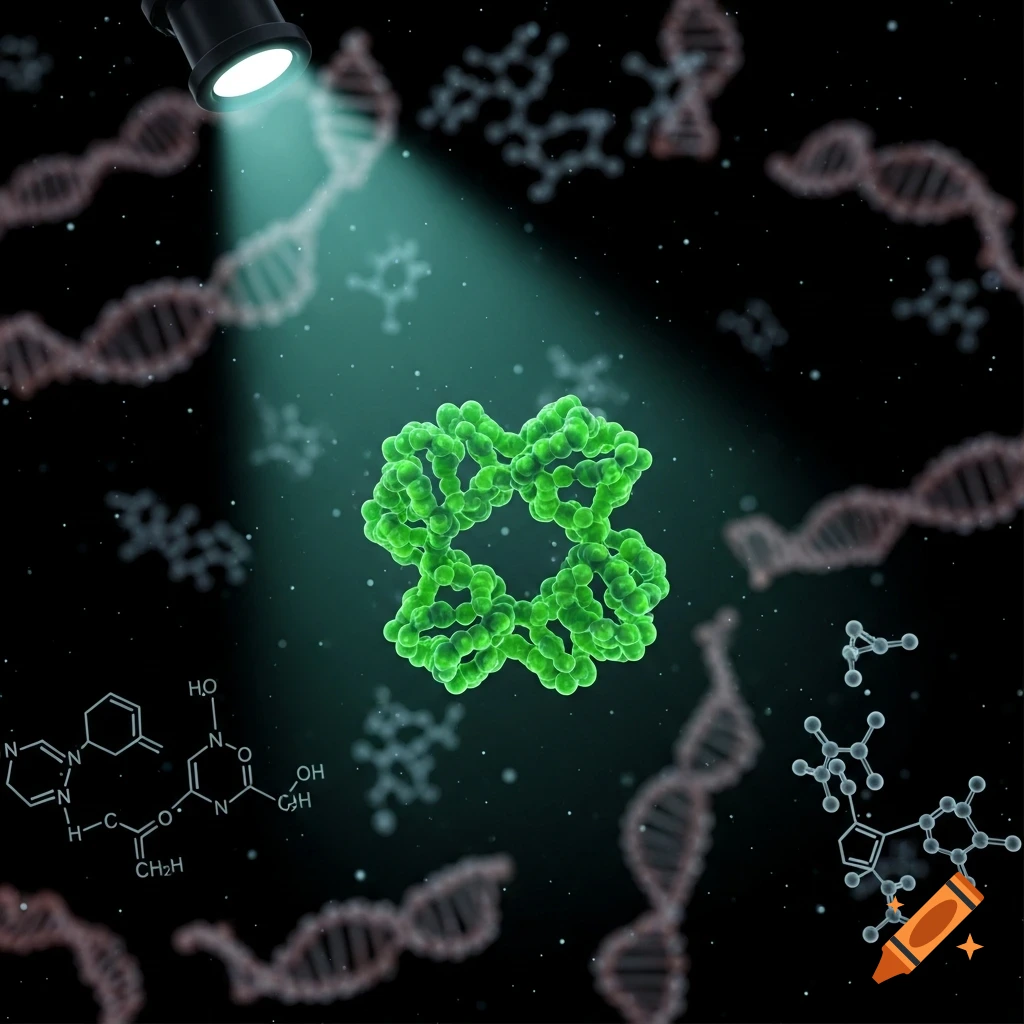 A spotlight shines on a green molecular structure, possibly a protein, surrounded by blurred DNA helices and chemical formulas against a dark background.