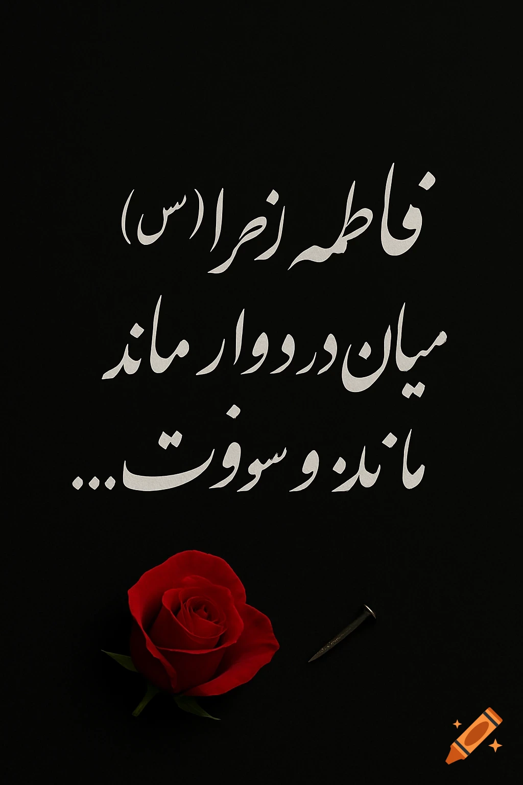 White Persian calligraphy on a pure black background, with a red rose and a nail.