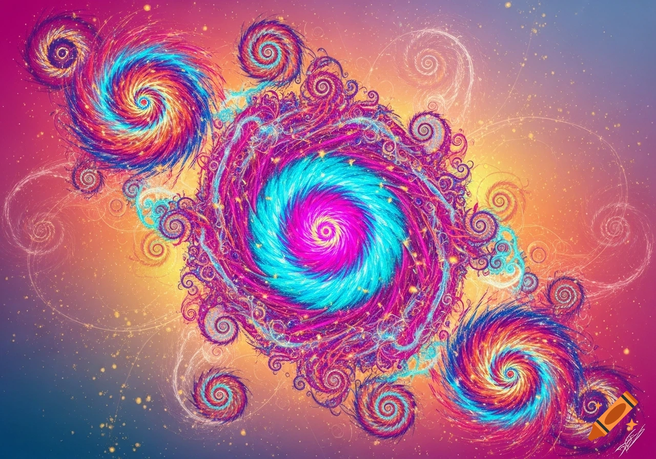 Vibrant abstract art featuring swirling patterns of bright pink, blue, orange, and yellow, with smaller intricate spirals and glowing particles on a gradient background.