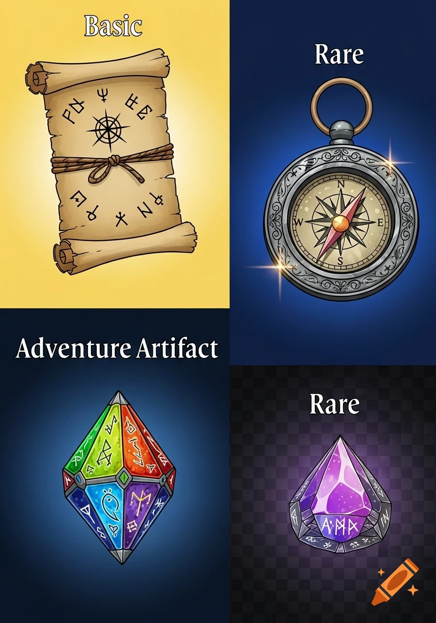 Four panels showing various clip art adventure artifacts: a basic scroll with runes, a rare ornate compass, a colorful adventure artifact gem with symbols, and a rare purple gem with runes over a transparent background.