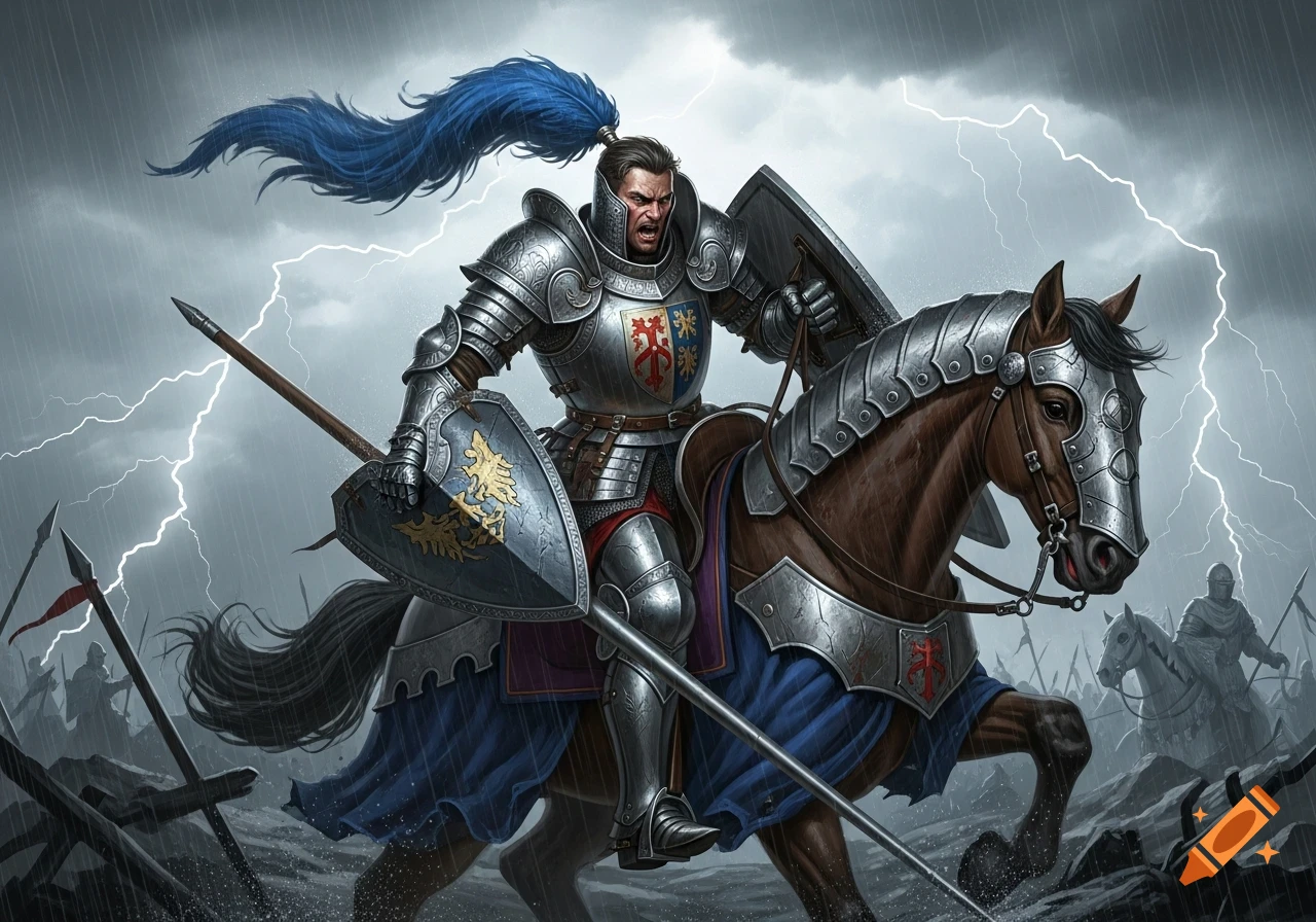 A knight in shining armor on horseback charges through a stormy battlefield with lightning, wielding a spear and shield, his face contorted in a roar.