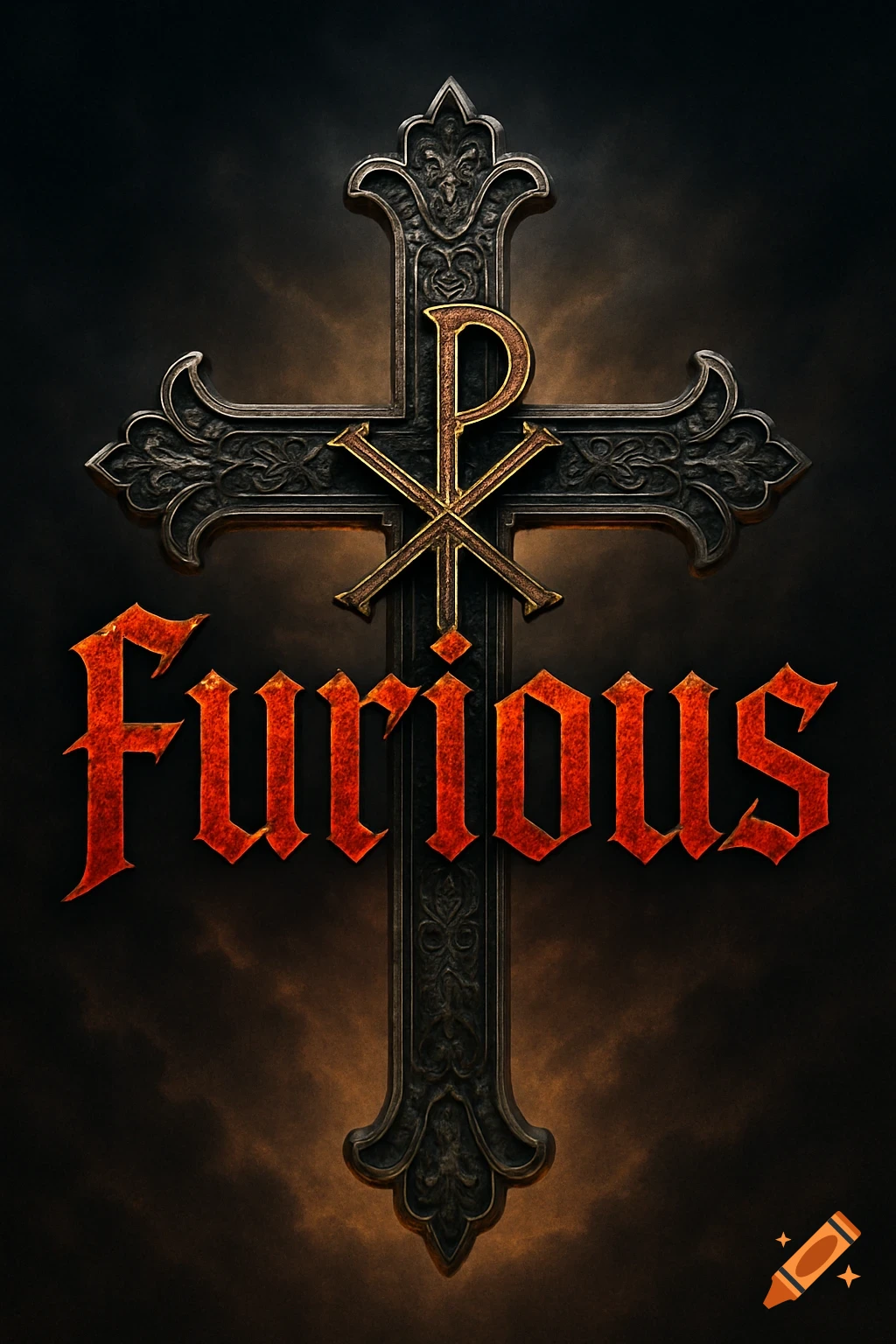 A stylized dark grey ornate cross with a golden Chi Rho symbol. Below it, the word "Furious" is rendered in a distressed red gothic font against a dark, smoky background.