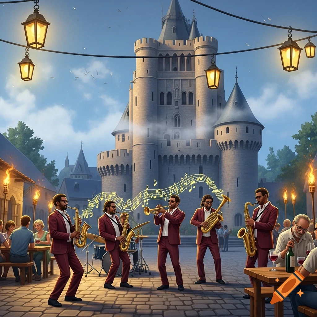 A jazz band performs outdoors in front of a grand stone castle, with musical notes floating above them as patrons relax at tables.