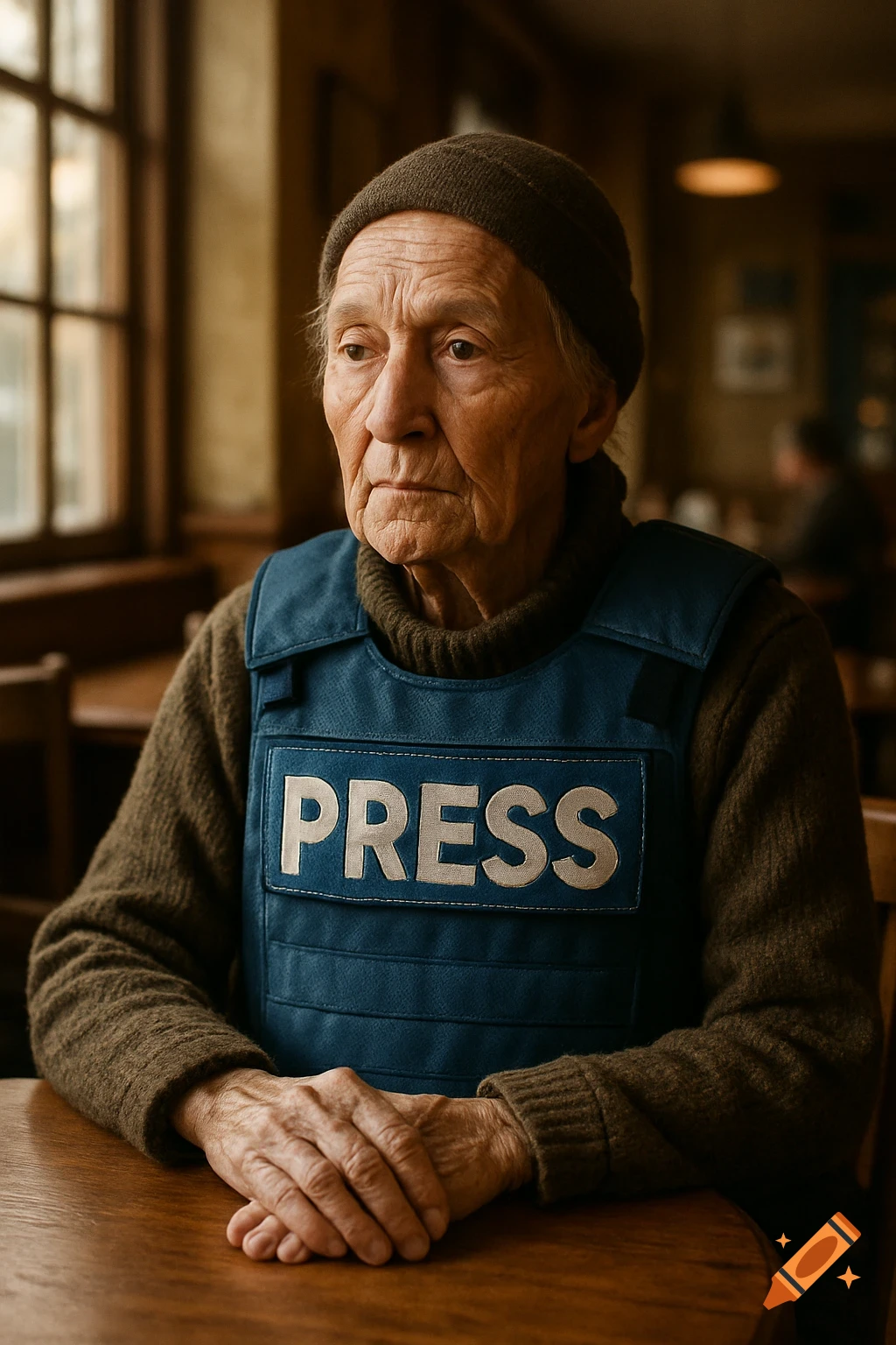 Photorealistic portrait of an elderly person wearing a blue 'PRESS' vest, sitting in a warm, naturally lit cafe.
