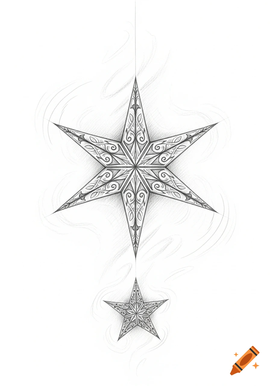 A black-and-white pencil sketch of two ornate, elongated six-pointed stars, one large and one small, on a white background.