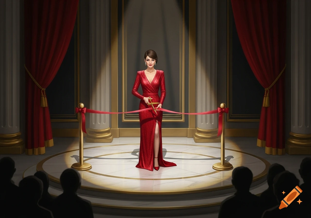 A woman in a sparkling red dress cuts a red ribbon on a formal stage with red curtains and columns, watched by an audience.