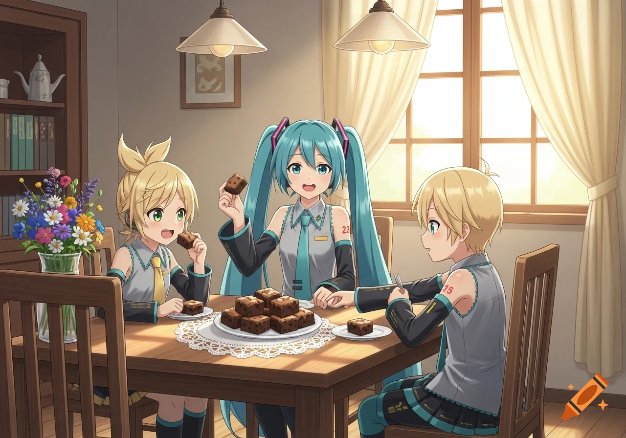 Hatsune Miku, Kagamine Rin, and Kagamine Len, in anime style, sit at a dining table eating brownies. A vase of colorful flowers is on the table next to Rin.