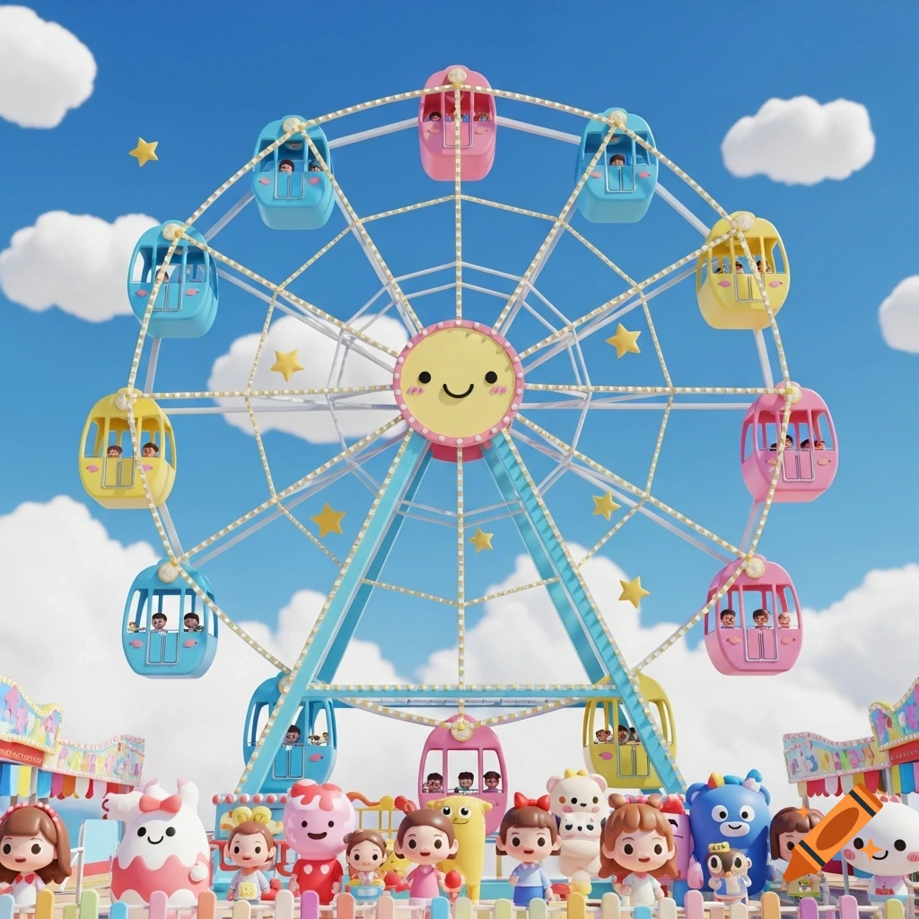 A vibrant 3D kawaii-style Ferris wheel with cute characters riding and standing below, set against a blue sky.