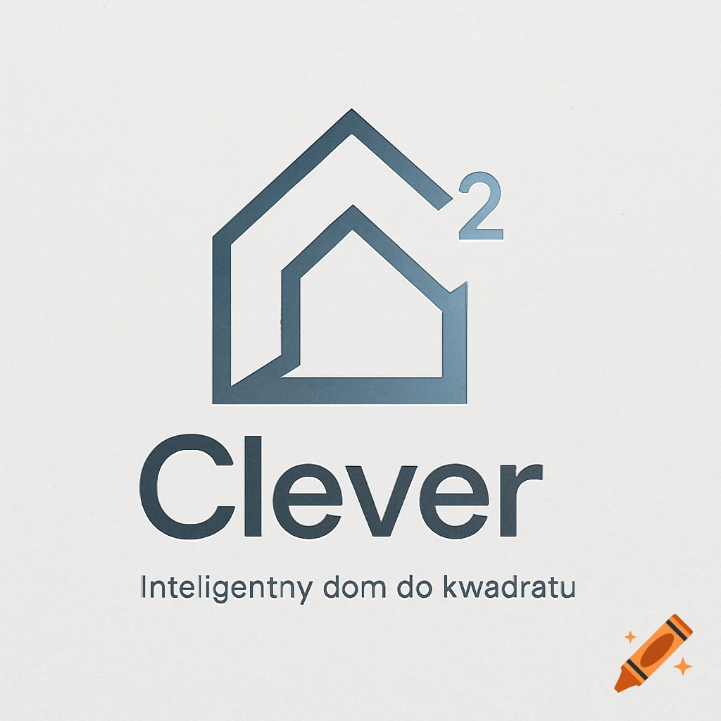 A minimalist logo with a house icon and a superscript '2'. Below it, the word 'Clever' and the phrase 'Inteligentny dom do kwadratu' are written.