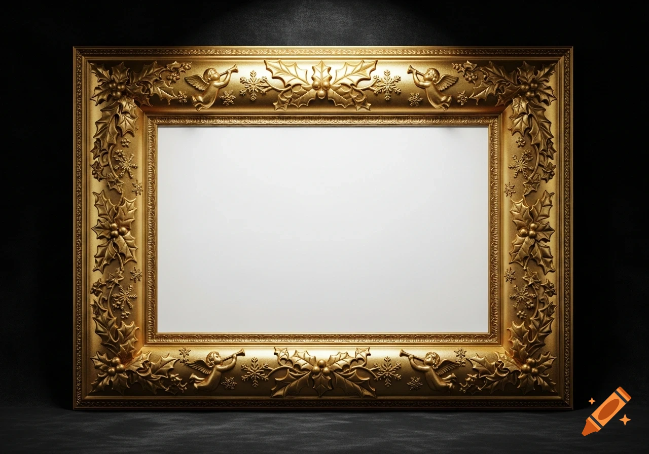 A golden rectangular picture frame with ornate Christmas carvings including holly, snowflakes, and angels, set against a dark background.