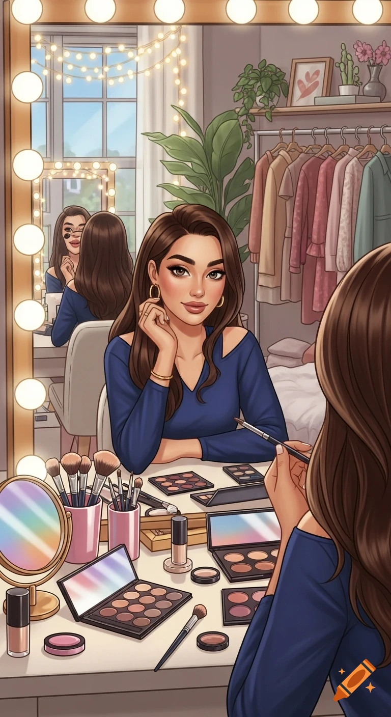 A young woman with brown hair sits at a vanity mirror, surrounded by makeup and a clothes rack, in an illustrated, cartoon style.