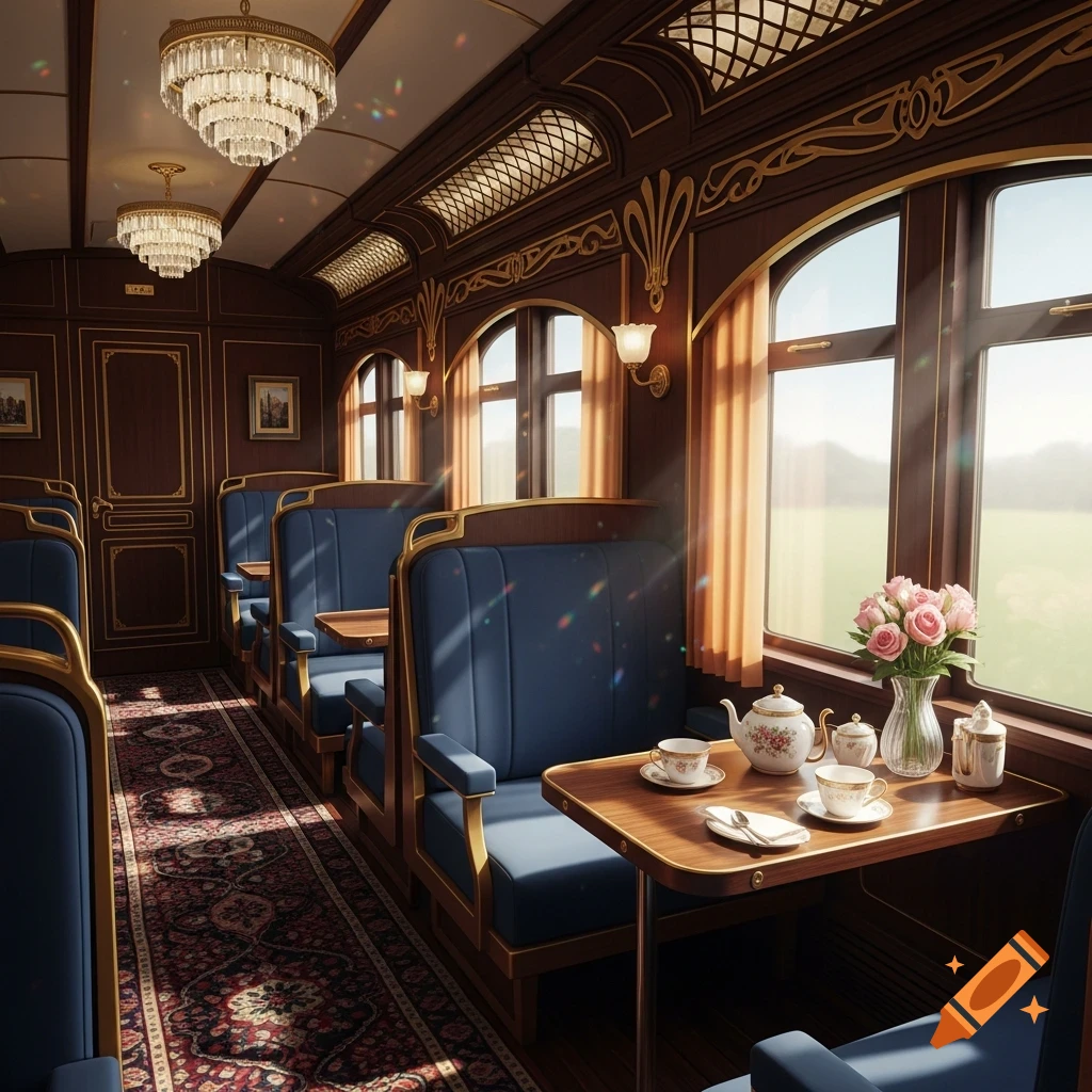 A luxurious train compartment with ornate wood paneling, blue upholstered seats, elegant chandeliers, and a tea set on a table next to a window overlooking a green landscape.