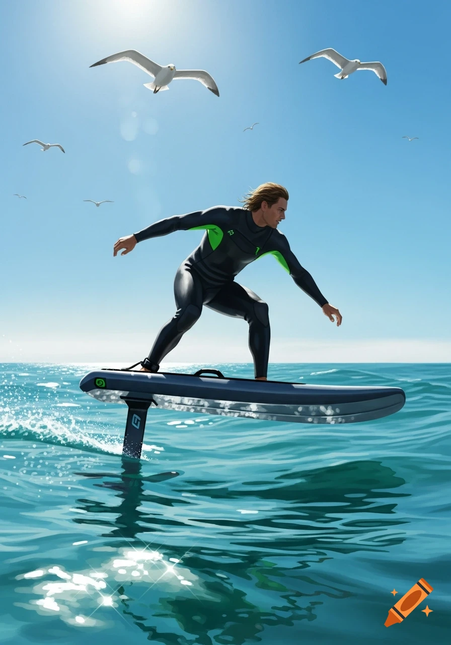 A man in a black and green wetsuit pumpfoiling on a calm blue ocean under a clear sky with seagulls flying above. Stylized illustration.