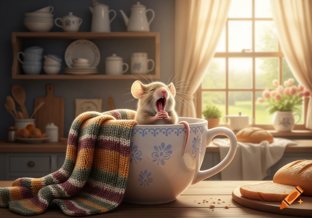 A cute mouse yawns widely, sitting in a white mug wrapped in a colorful knitted blanket on a wooden table in a sunlit kitchen.