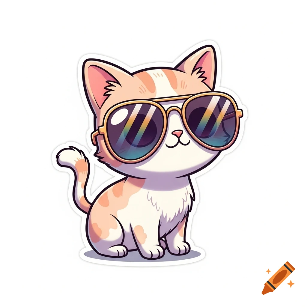 A cute cartoon cat with orange and white fur wearing aviator sunglasses, in a sticker style.