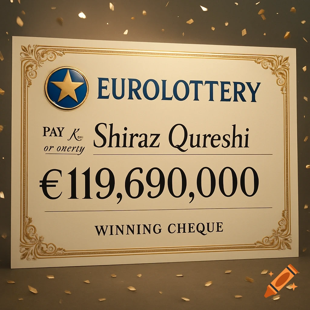A large Eurolottery winning cheque for Shiraz Qureshi for €119,690,000, with gold confetti falling around it.