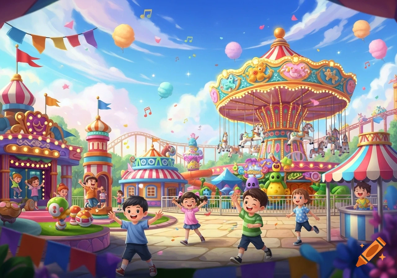 Happy cartoon children play in a vibrant, whimsical theme park featuring a large carousel and other colorful rides.