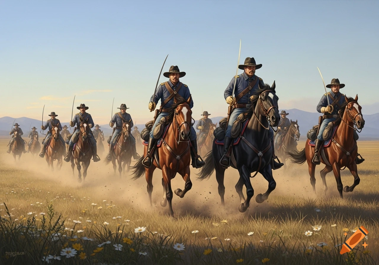 A troop of US cavalry soldiers on horseback rides through a sunny ...