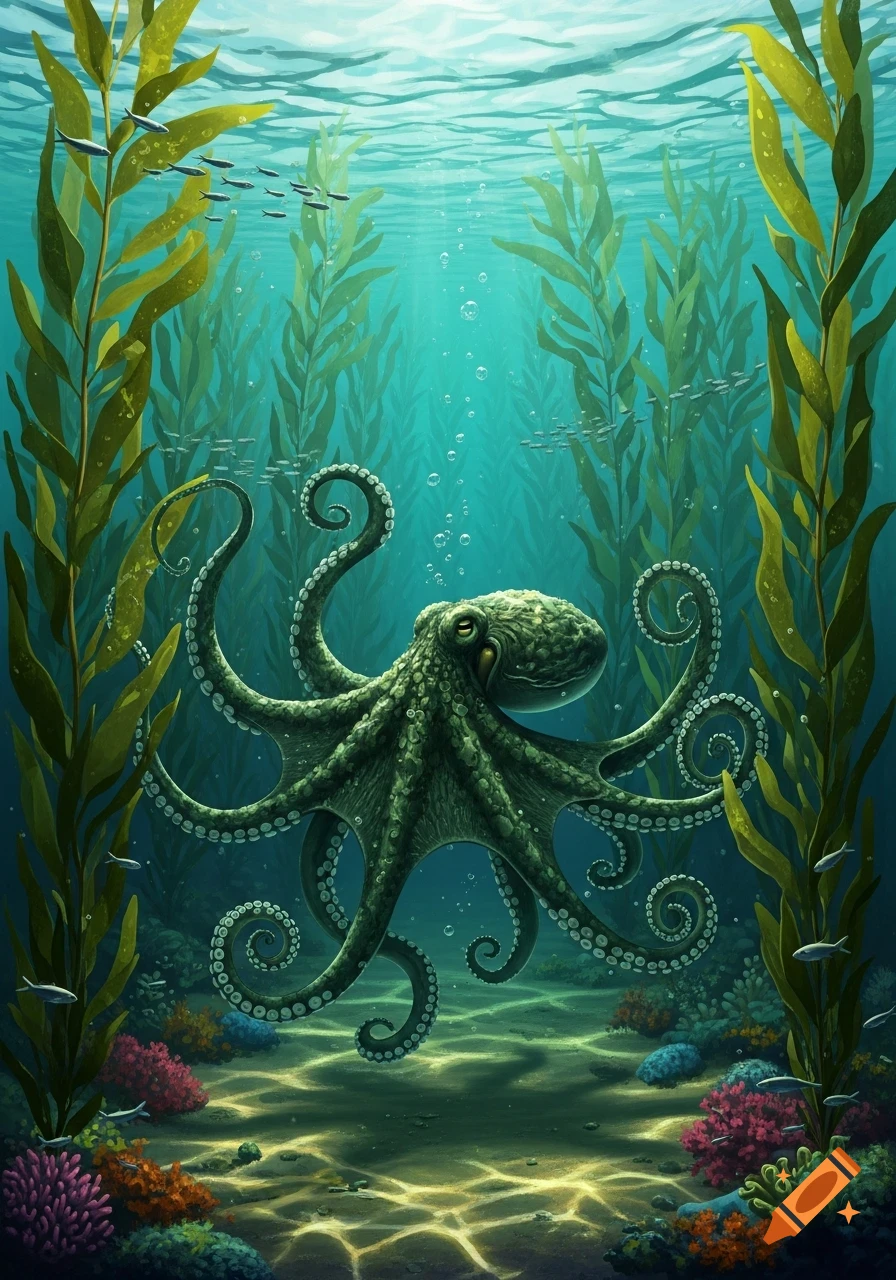 A dark green octopus with curling tentacles floats among towering kelp in a vibrant, sunlit underwater scene with small fish and coral.