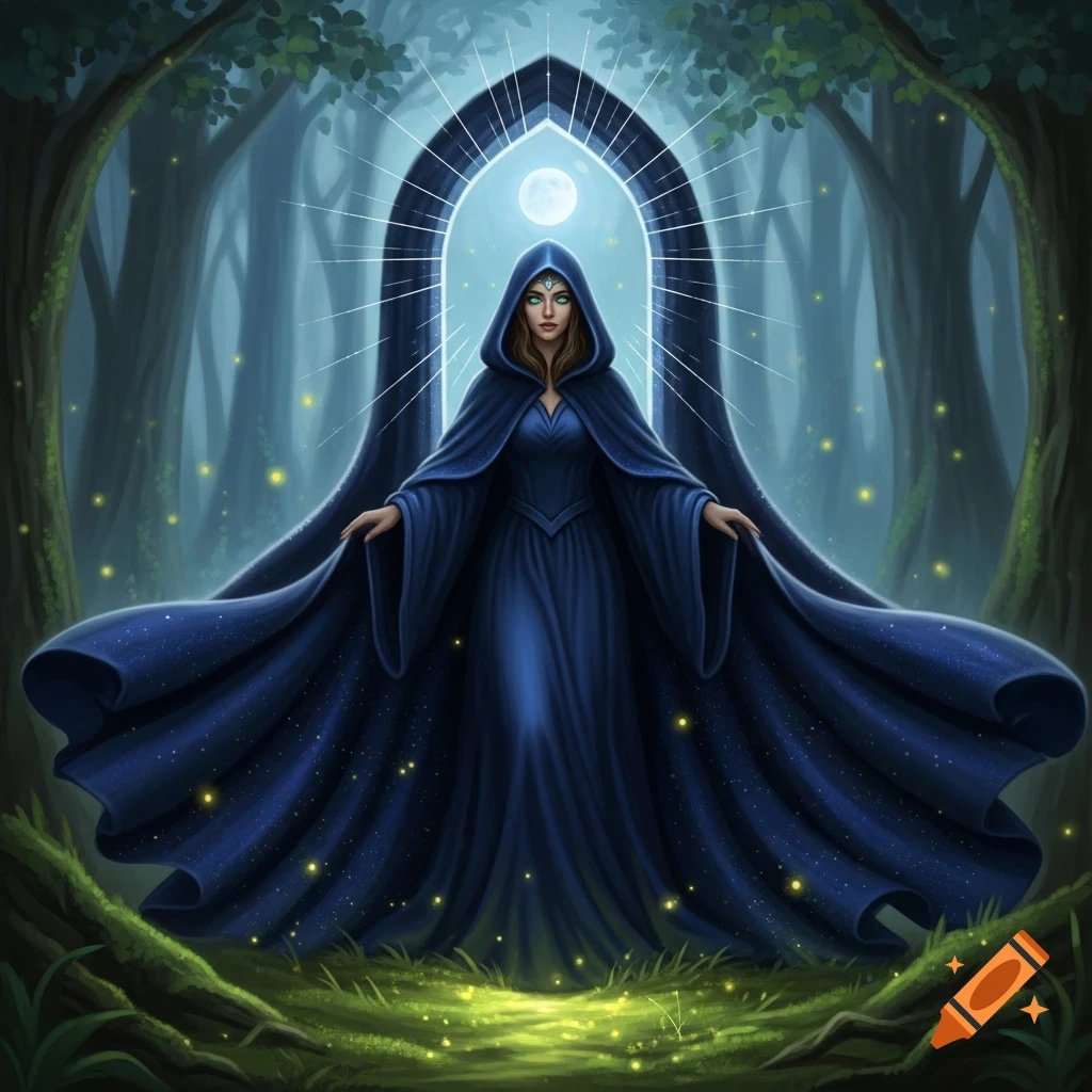 A mystical woman in a blue hooded cloak stands before a glowing archway in a dark, enchanting forest with fireflies.
