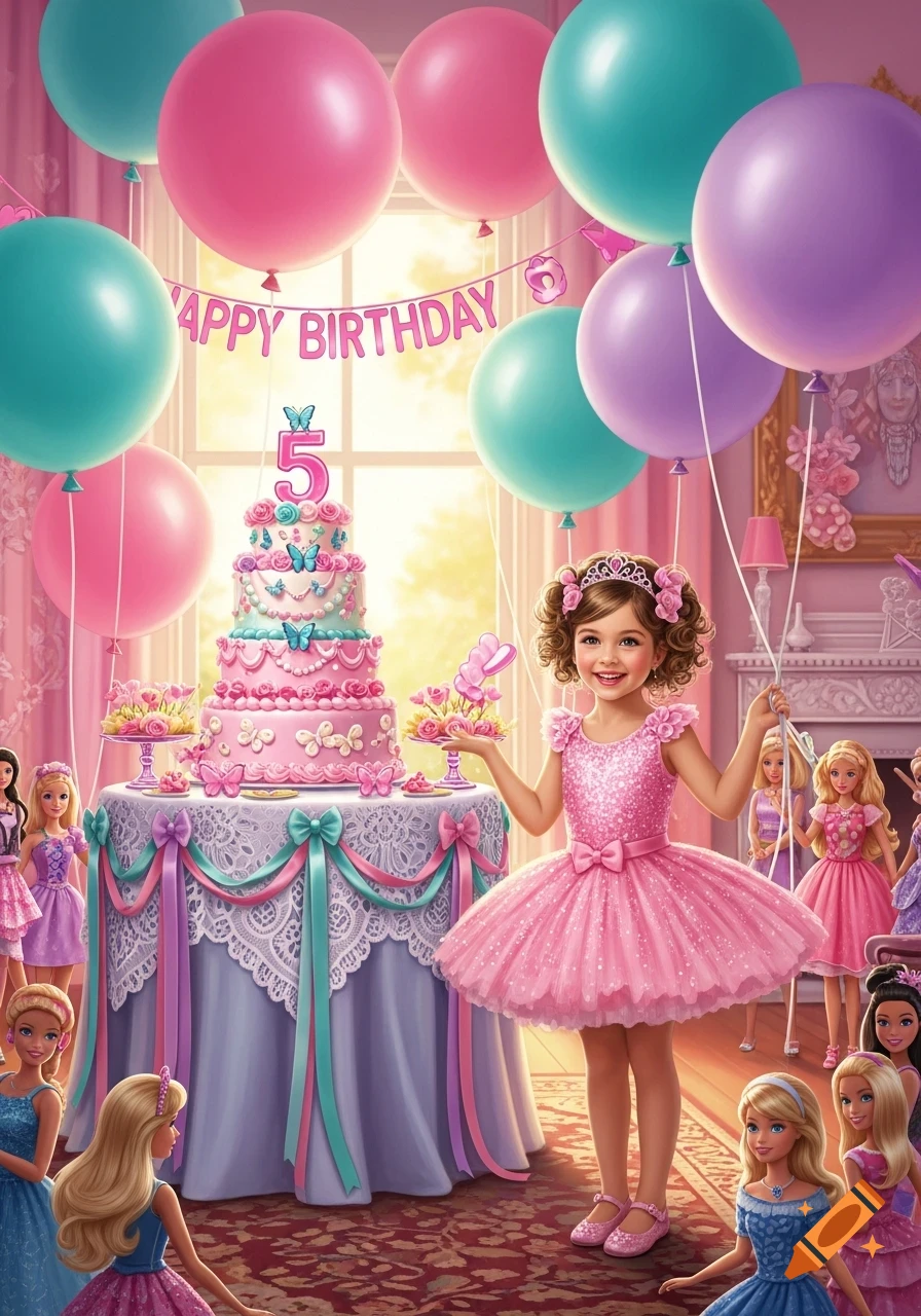 A smiling young girl in a pink dress celebrating her 5th birthday with a cake, balloons, and Barbie dolls in a vibrant, stylized setting.
