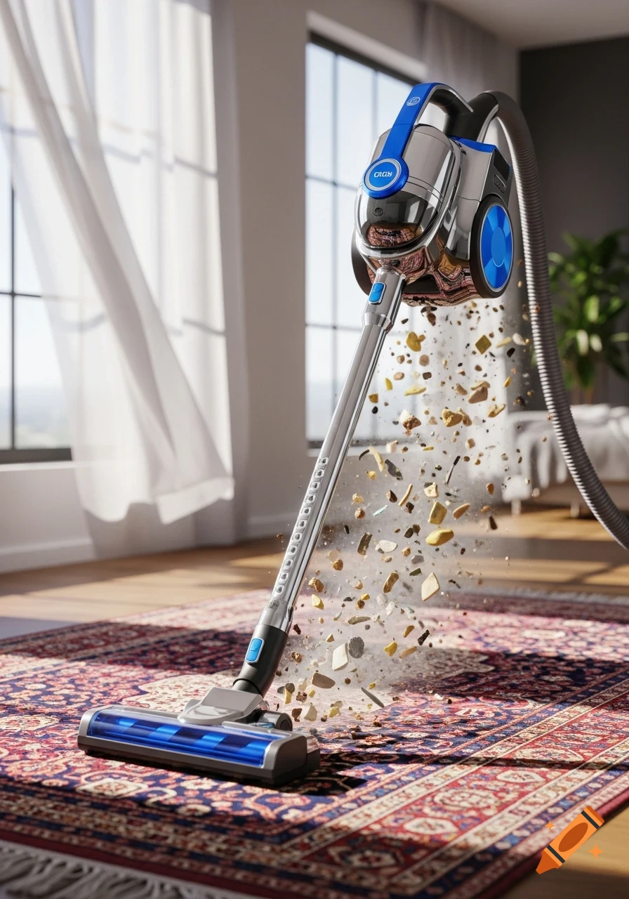A modern blue and chrome stick vacuum cleaner hovering over an ornate rug, dirt and debris flying into its intake, with a sunlit window in the background.
