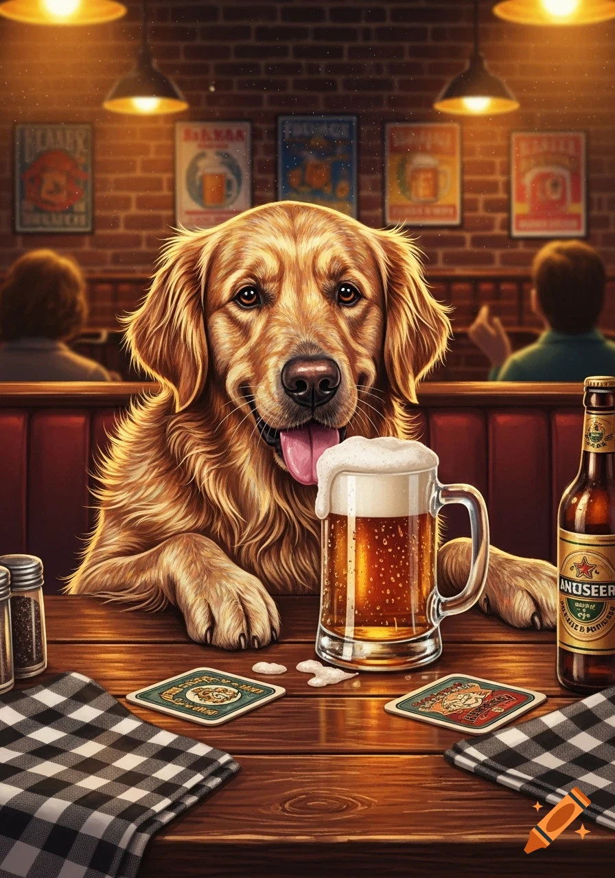 A golden retriever sits at a wooden bar table next to a foamy mug of beer and a beer bottle, with patrons and posters in the brick-walled background.