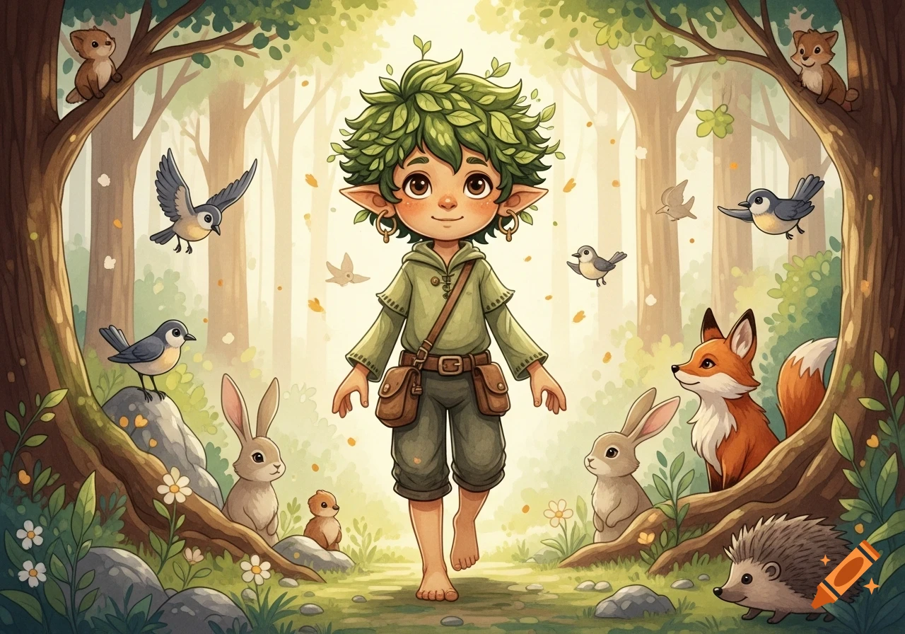 Barefoot child forest spirit with green leafy hair in a soft watercolor forest, surrounded by various cute animals.