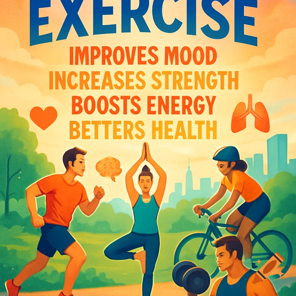 An illustrated poster about exercise, showing people running, cycling, doing yoga, and lifting weights in a park. Text lists benefits.