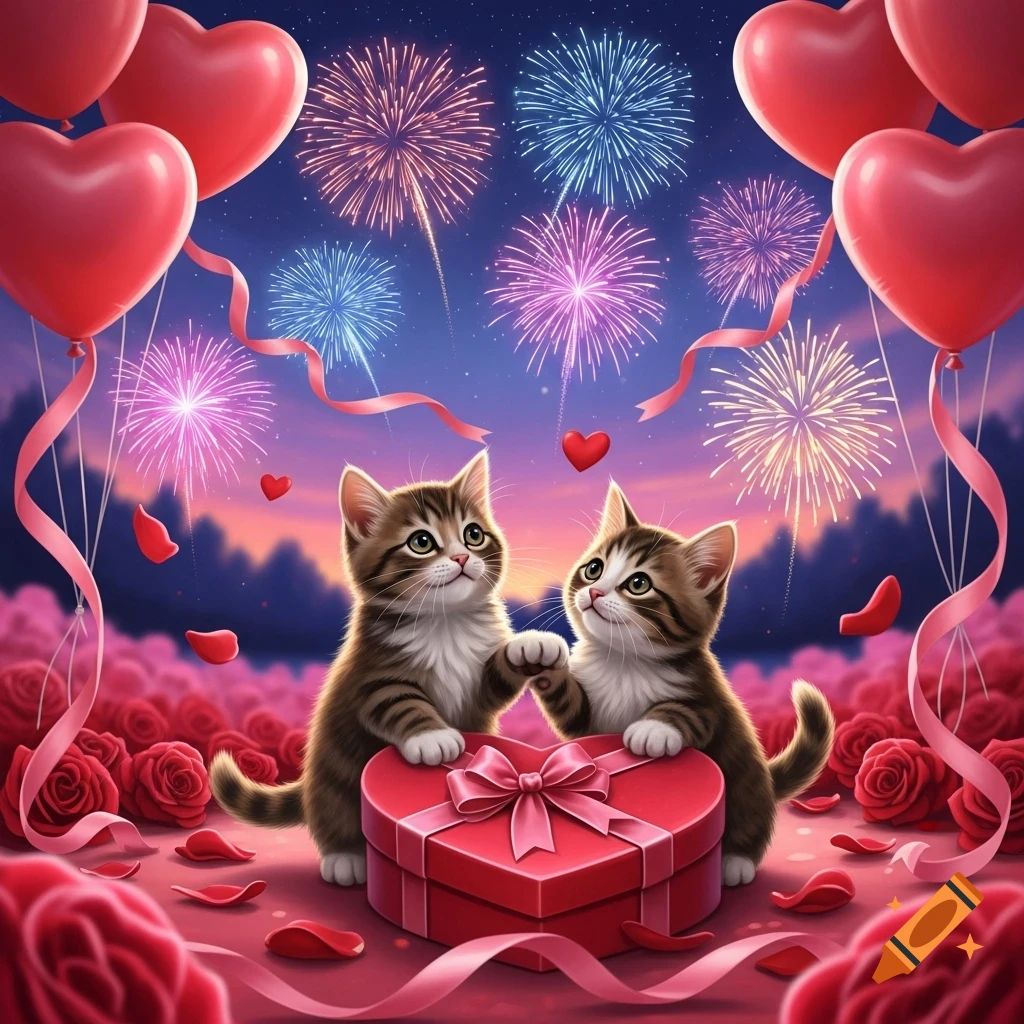 Two cute tabby kittens by a heart gift box in a field of red roses, with heart balloons and fireworks in the night sky.
