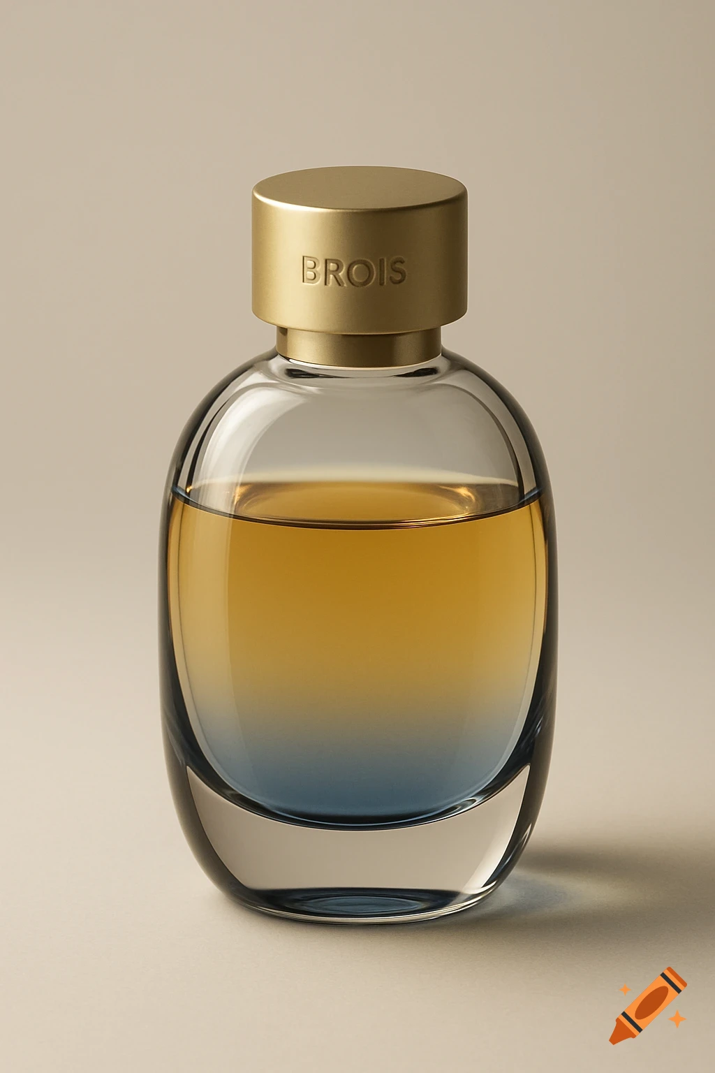 A photorealistic perfume bottle with a gold cap labeled "BROIS", containing liquid that transitions from amber to blue.