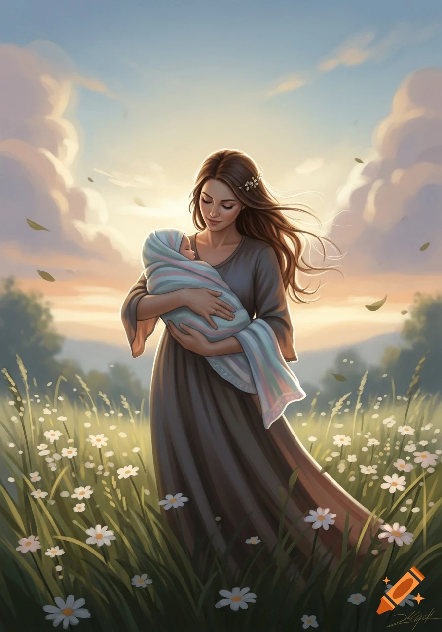 A woman in a field of daisies gently holds a swaddled baby under a soft, glowing sunset sky, painted in an illustrative style.