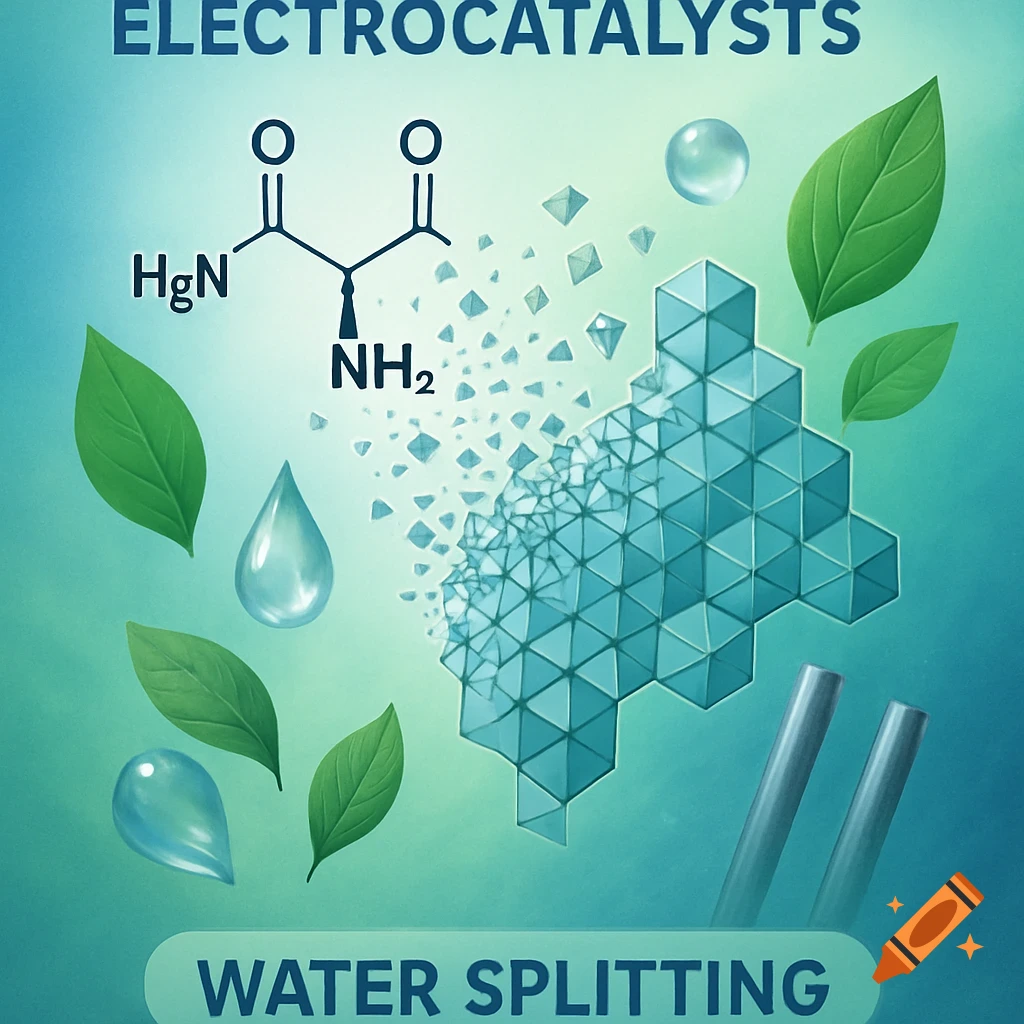 A scientific diagram with the text "ELECTROCATALYSTS" and "WATER SPLITTING", featuring a chemical formula, green leaves, water droplets, and abstract geometric shapes dissolving.