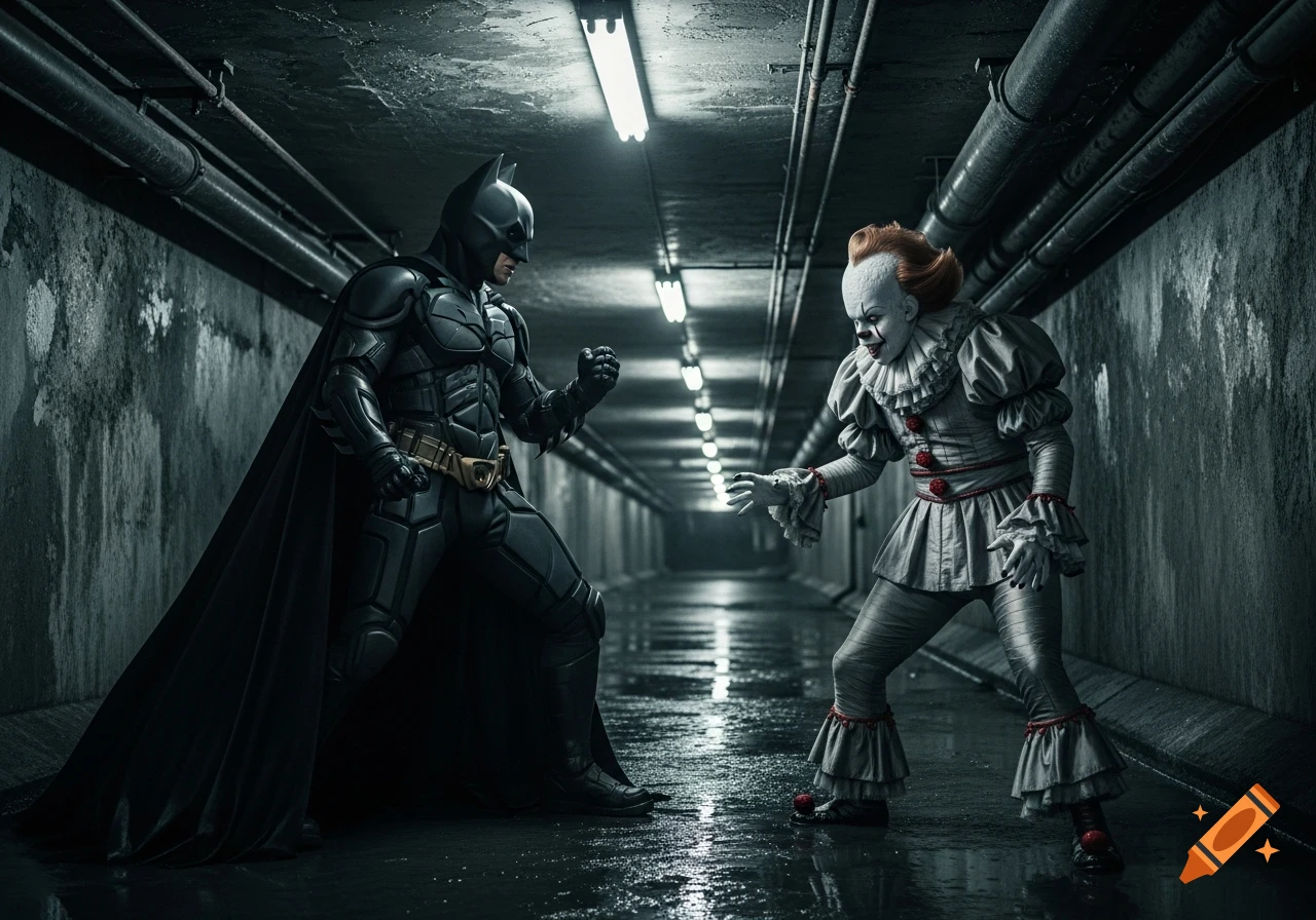 Batman and Pennywise face off in a dramatic, dark and wet sewer tunnel, illuminated by overhead lights.
