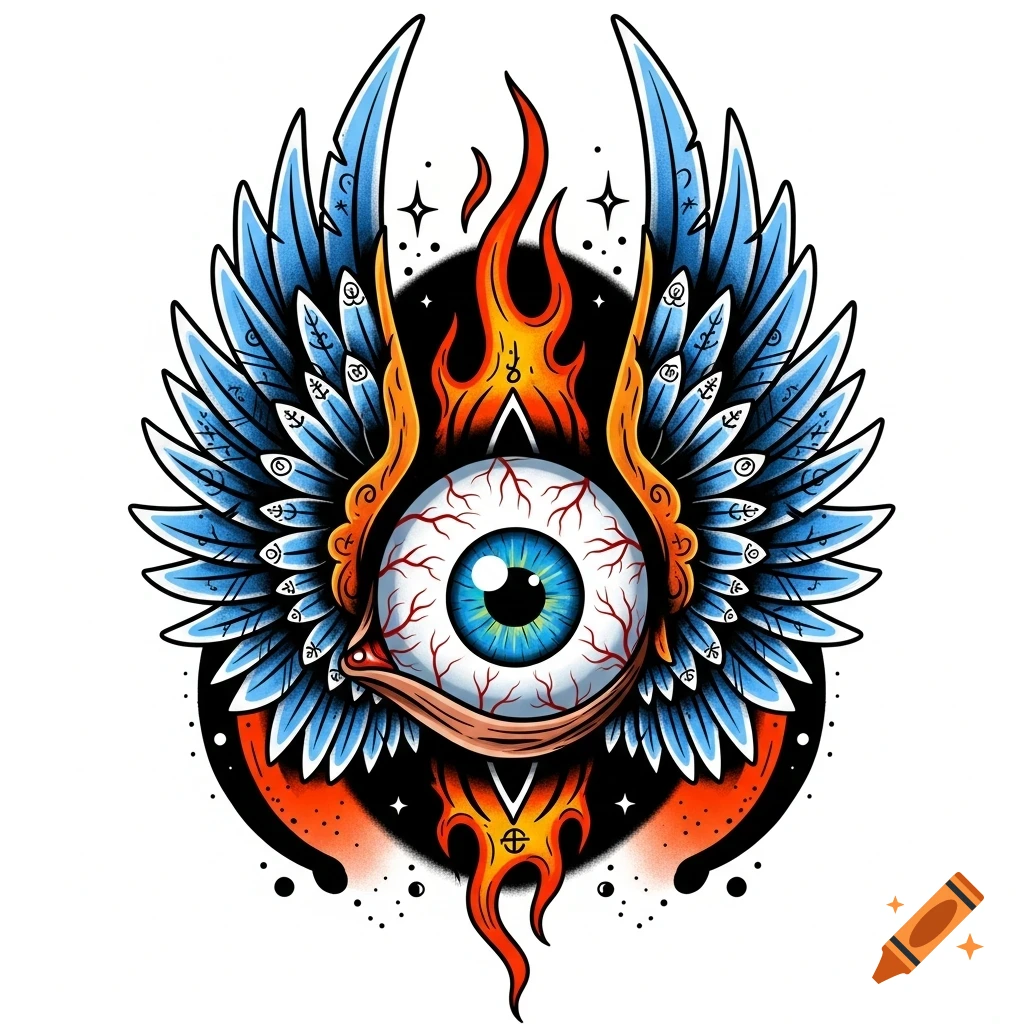A vibrant, cartoony traditional tattoo art design featuring a blue-eyed eyeball with red veins, blue feathered wings, and orange flames on a black and orange background.