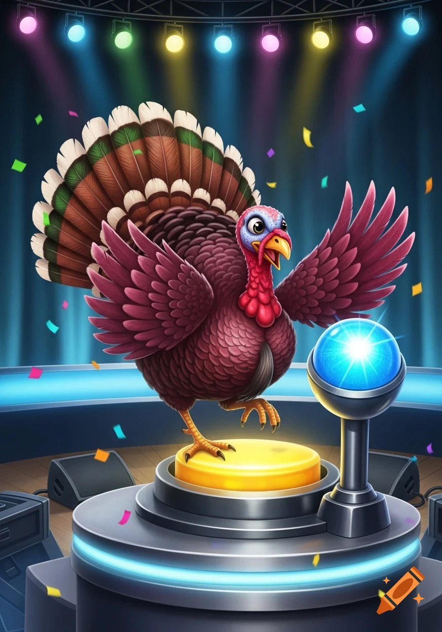 A cartoon turkey stands on a brightly lit game show stage, wing raised to hit a glowing blue buzzer, with confetti falling.