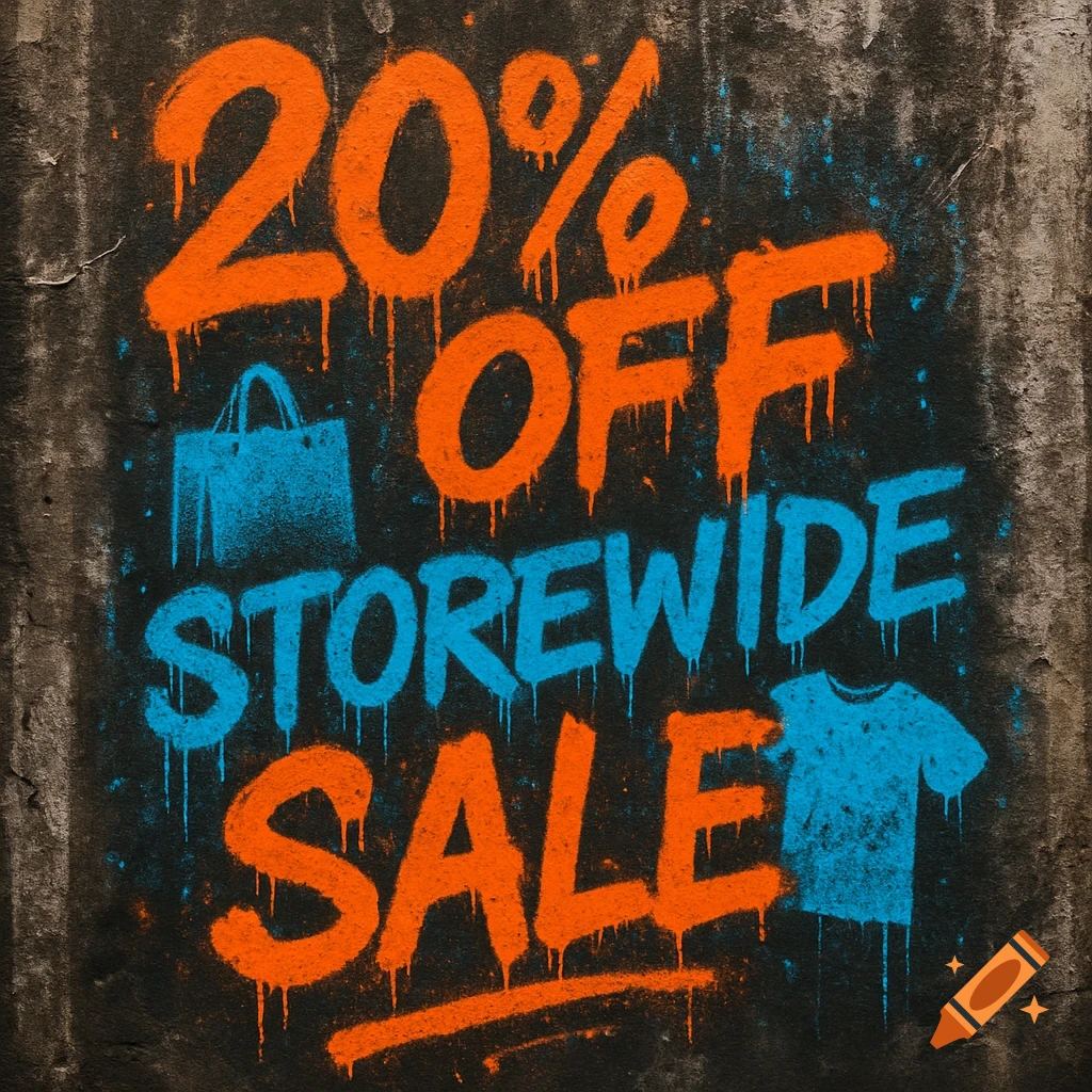 Graffiti-style promotional poster on a grunge concrete wall, advertising '20% OFF STOREWIDE SALE' in orange and blue with silhouettes.