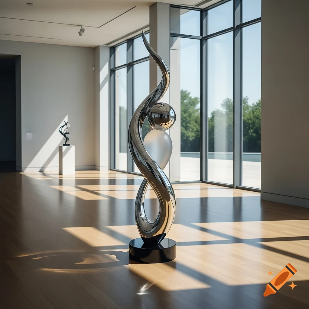 A gleaming silver abstract sculpture with a spherical center, standing on a dark base in a sunlit modern art museum.