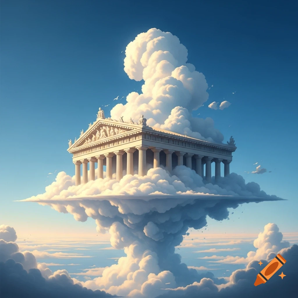 A classical Greek temple with columns and sculptures rests on a flat layer of white clouds under a clear blue sky.
