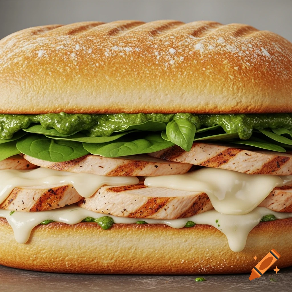 Close-up of a grilled chicken panini sandwich with melted provolone cheese, spinach, and basil pesto sauce on a toasted bun.