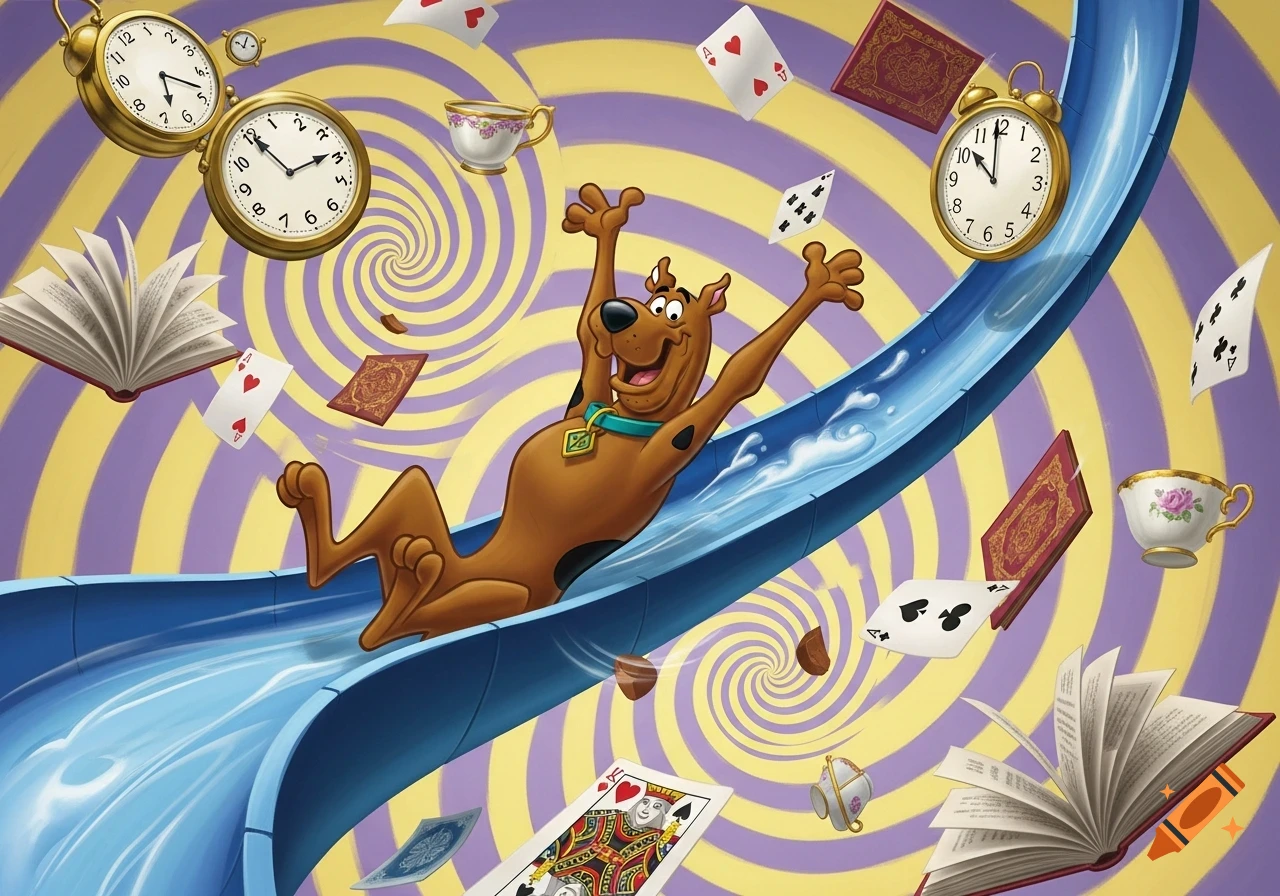 Scooby Doo slides happily down a blue waterslide against a yellow and purple spiral background, with clocks, cards, books, and teacups floating around in a whimsical cartoon style.