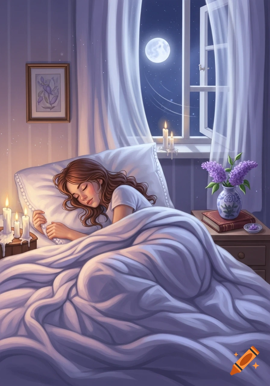 An illustration of a girl with brown hair sleeping peacefully in bed, illuminated by candlelight and moonlight from a window.