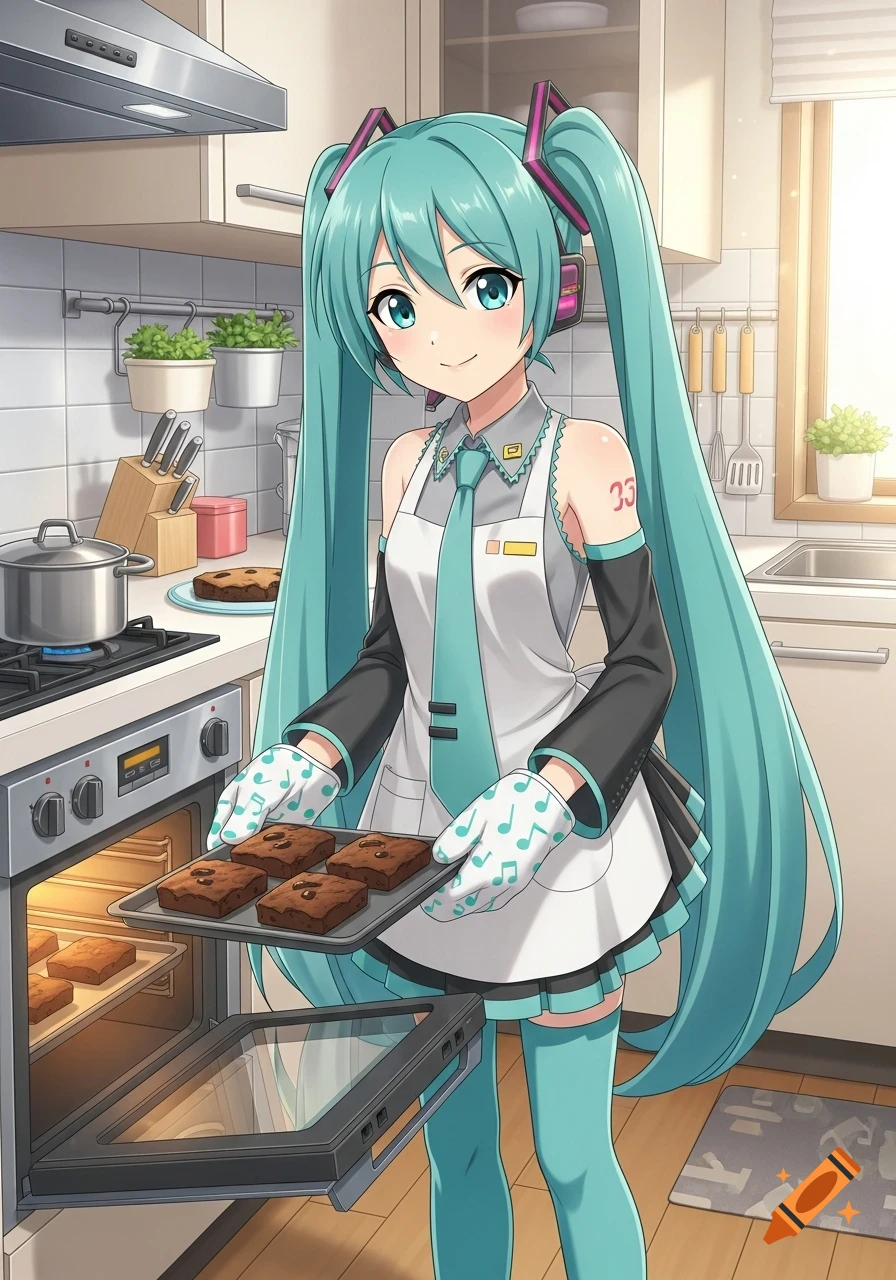 Hatsune Miku, an anime girl, smiles while taking a tray of brownies out of an oven in a bright kitchen.