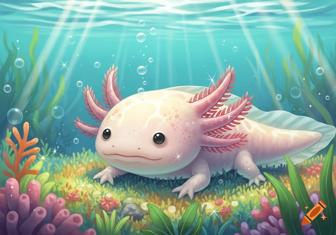 A cute, stylized axolotl with pink gills and a cream-colored body lies on a vibrant underwater bed of coral and seaweed, with sunbeams filtering through the blue water.
