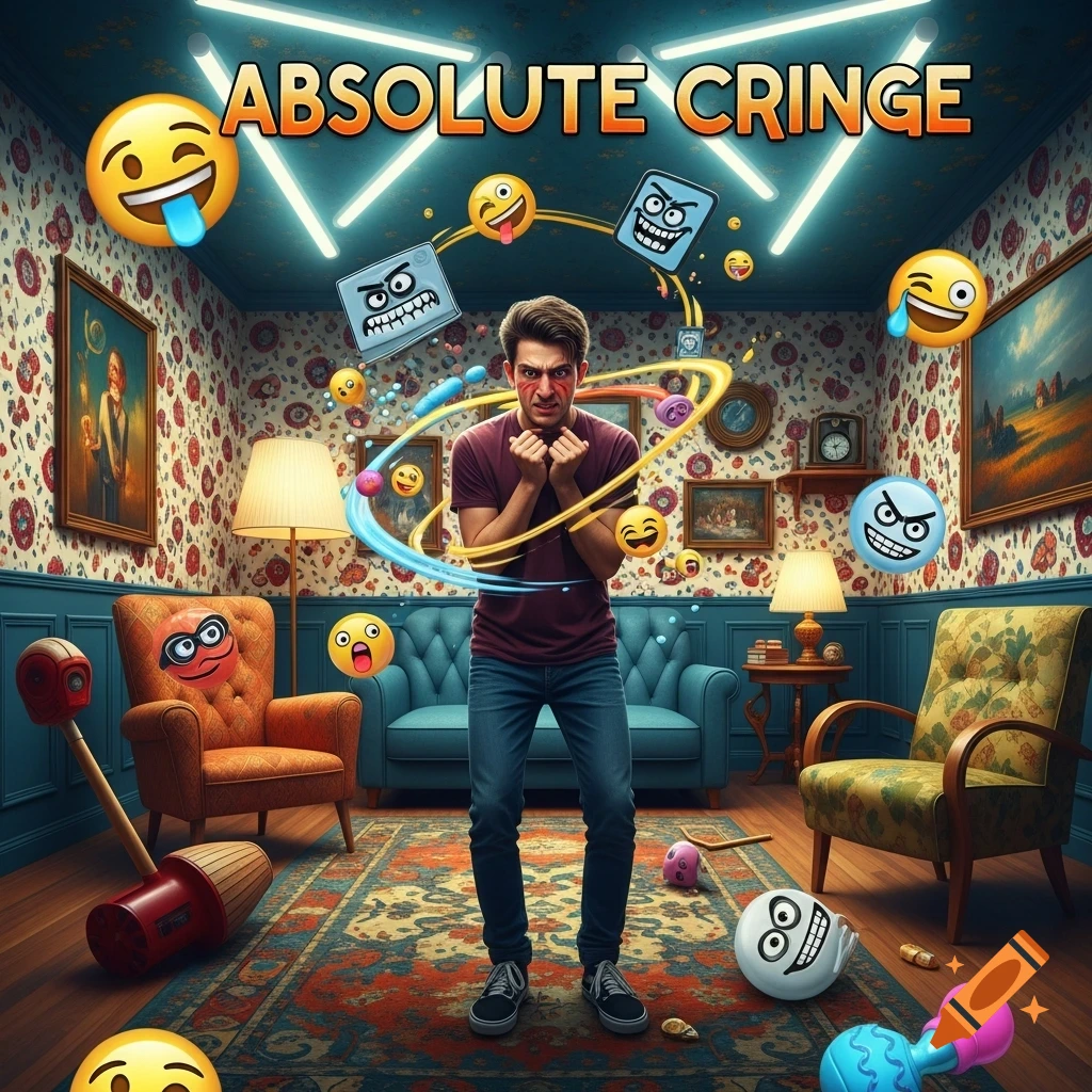 A man in a patterned room looks distressed, surrounded by various emojis and glowing lines, with "ABSOLUTE CRINGE" text at the top.