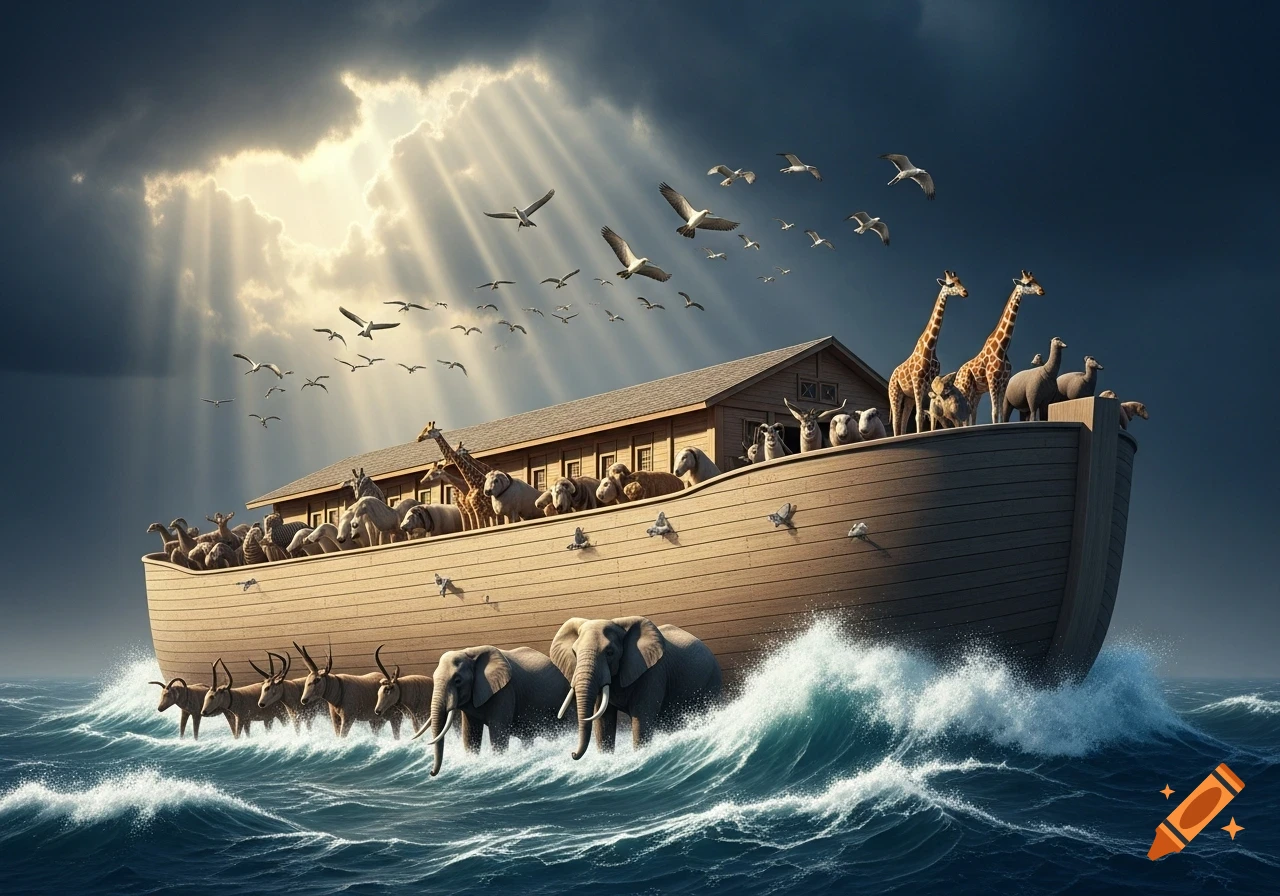 Noah's Ark floating on stormy seas with many animals, including giraffes and elephants, as sun rays break through dark clouds.