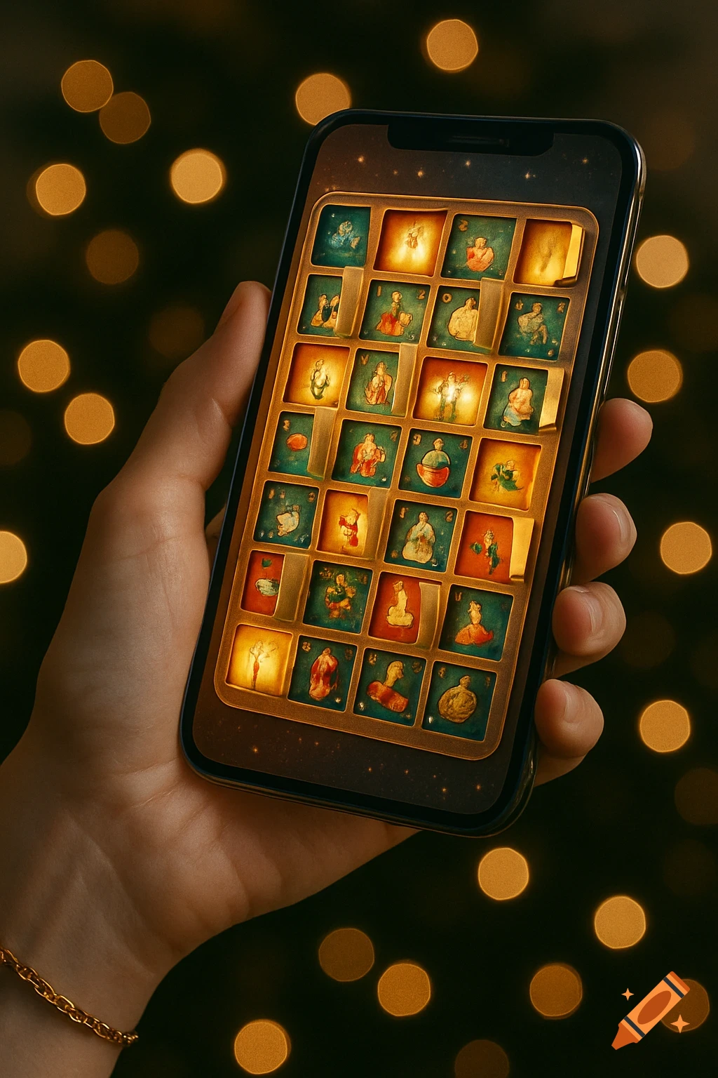 A hand holds a smartphone showing an open advent calendar with figures inside, against a dark bokeh background.