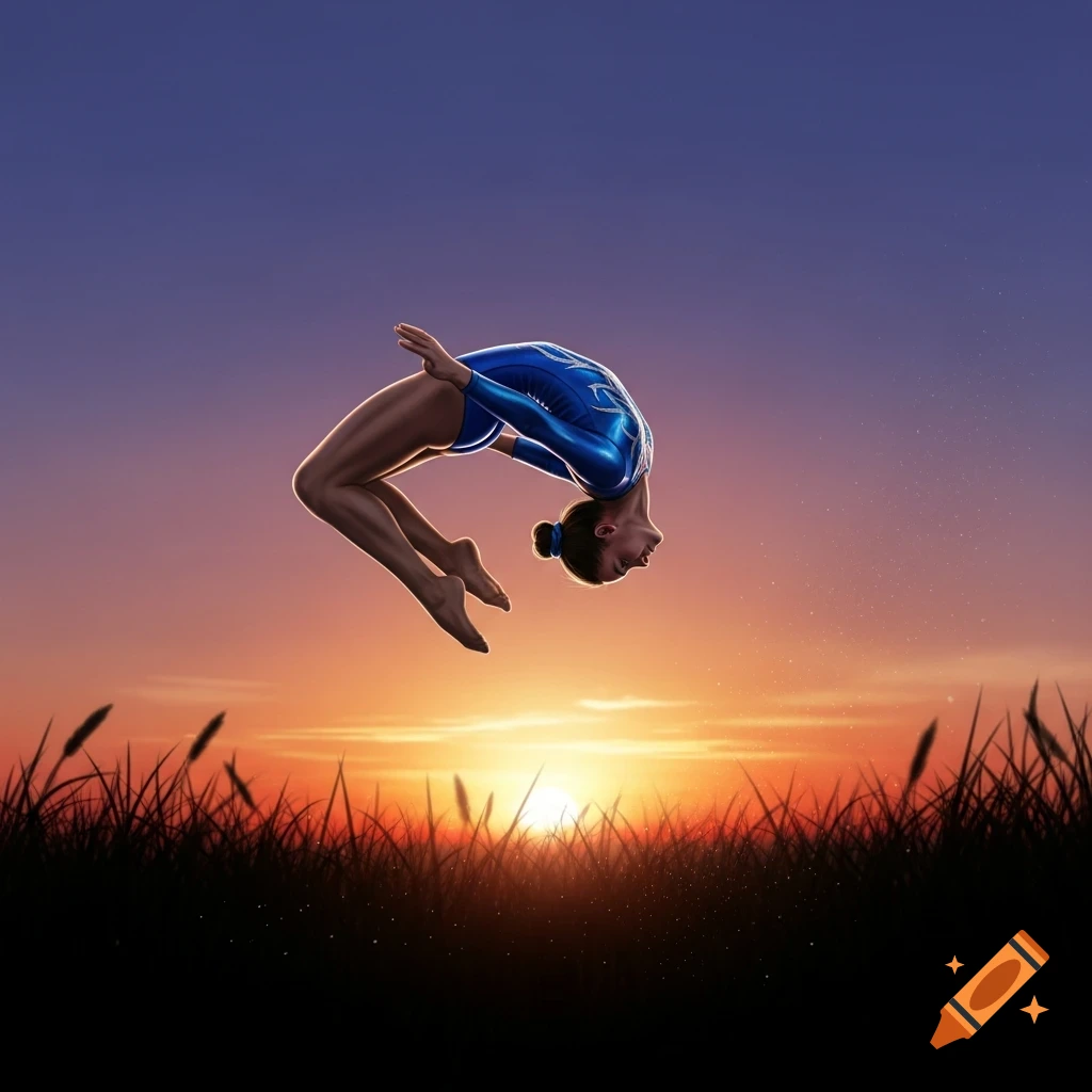 A gymnast in a blue leotard performs a backflip against a vibrant sunset over a grassy silhouette.
