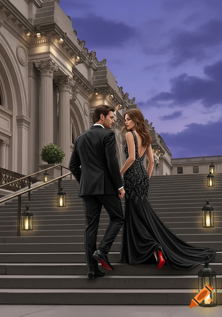 A stylish couple in black formal wear ascends a grand classical building staircase at twilight, the woman's red-soled heels visible.